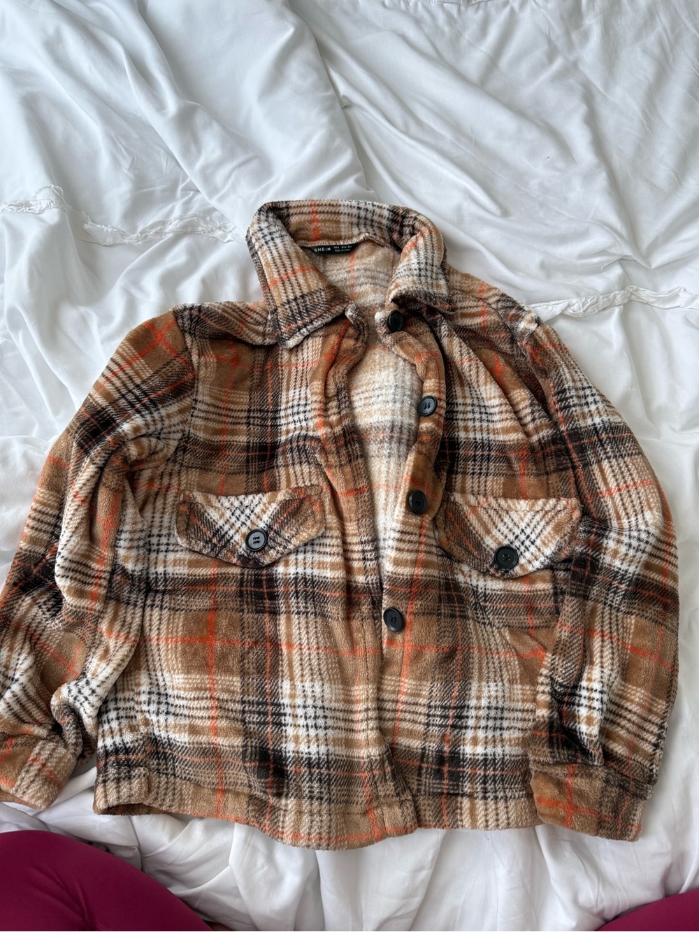 Plaid Button-Up Shacket Jacket in Brown & Cream - note there’s a hole on back